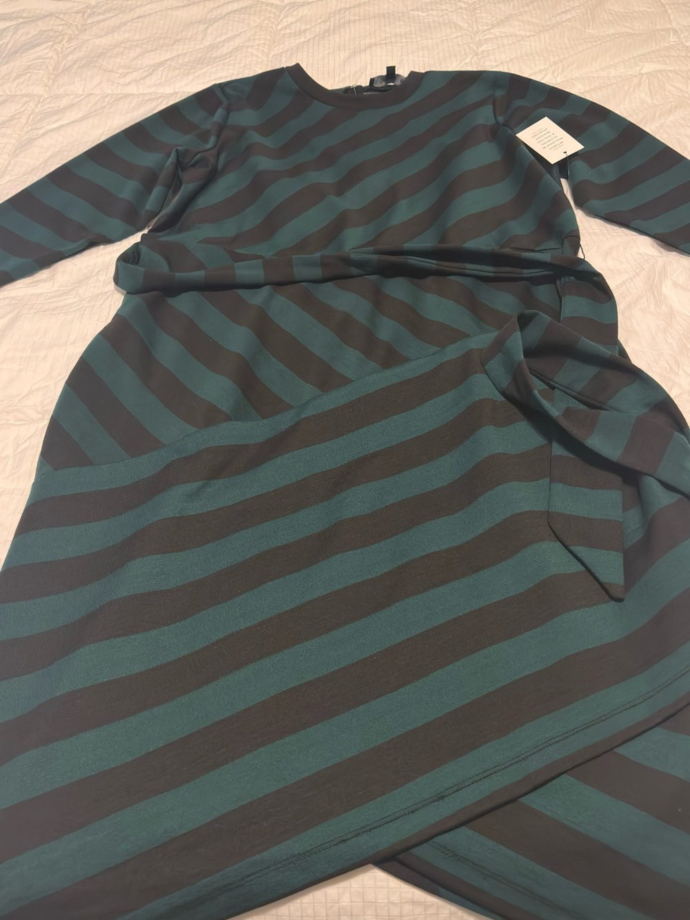 Eloquii Green and Black Long-Sleeve Belted Striped Dress